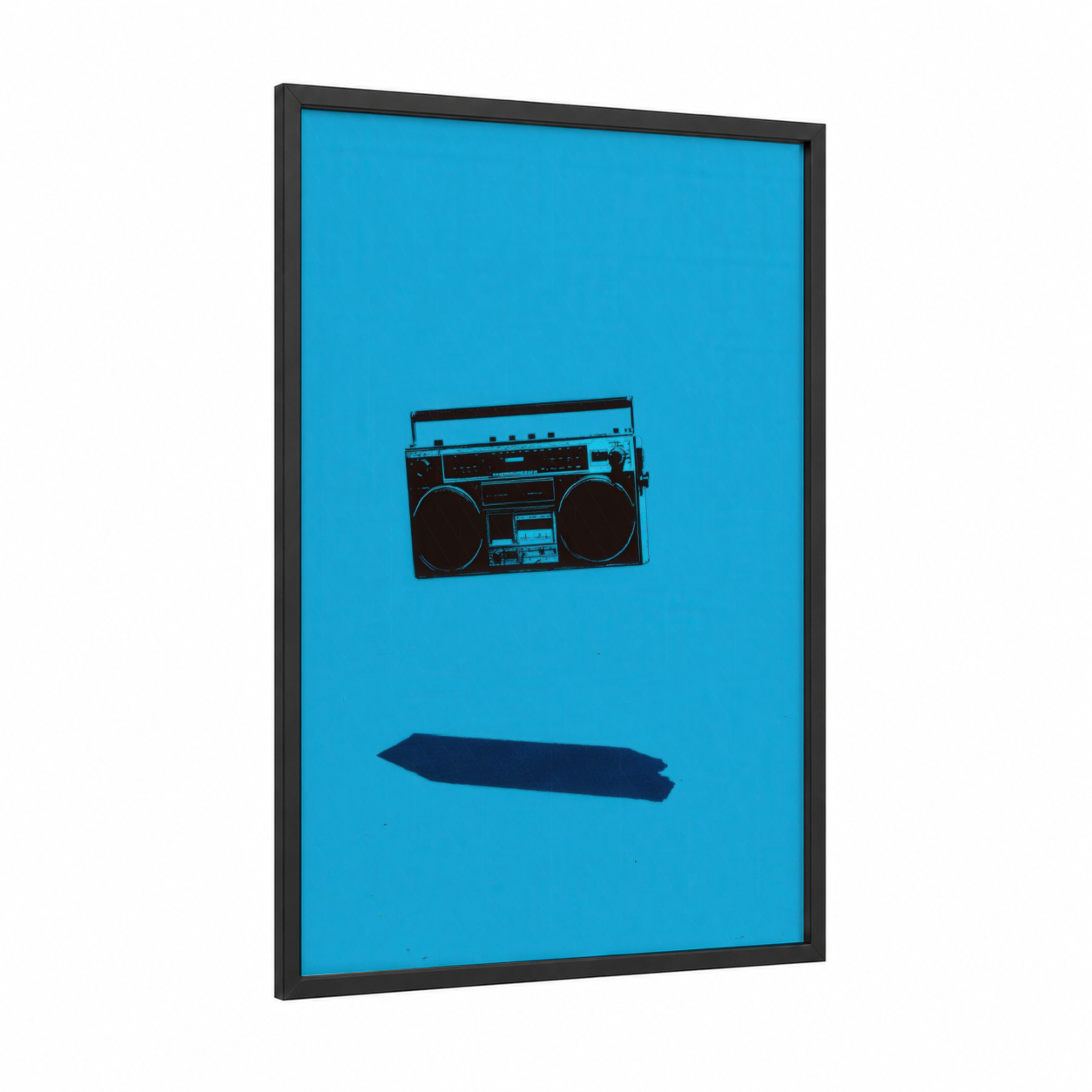 Retro Boombox framed art print — black wood frame — blue and black palette