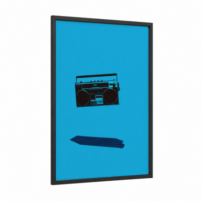 Retro Boombox framed art print — black wood frame — blue and black palette