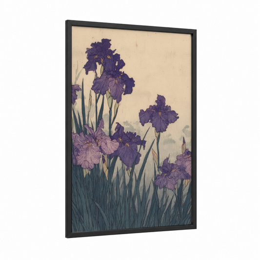 Purple Iris Garden framed violets print — black wood frame — purple and cream palette