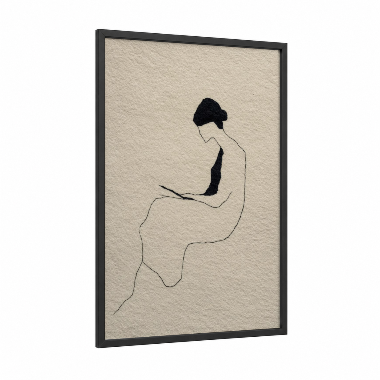 Contemplative Reader framed reading print — black wood frame — black and white and cream palette