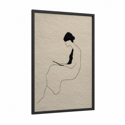 Contemplative Reader framed reading print — black wood frame — black and white and cream palette