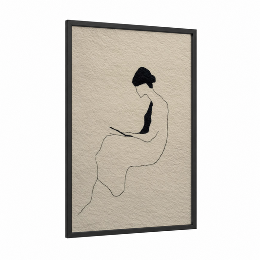 Contemplative Reader framed reading print — black wood frame — black and white and cream palette