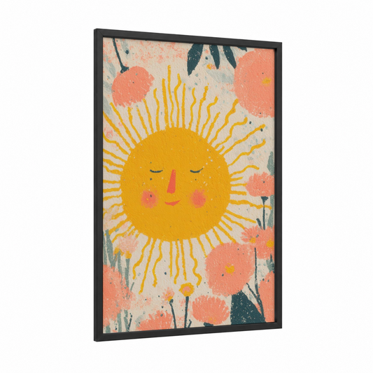 Cheerful Sun Garden framed the sun print — black wood frame — gold and salmon pink palette
