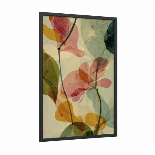 Blush Dogwood framed art print — black wood frame — salmon pink and gold palette