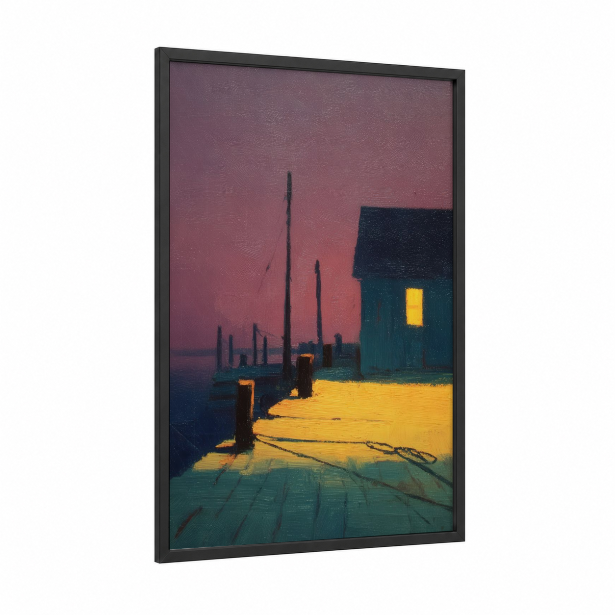 Twilight Docks framed docks and piers print — black wood frame — magenta and gold palette