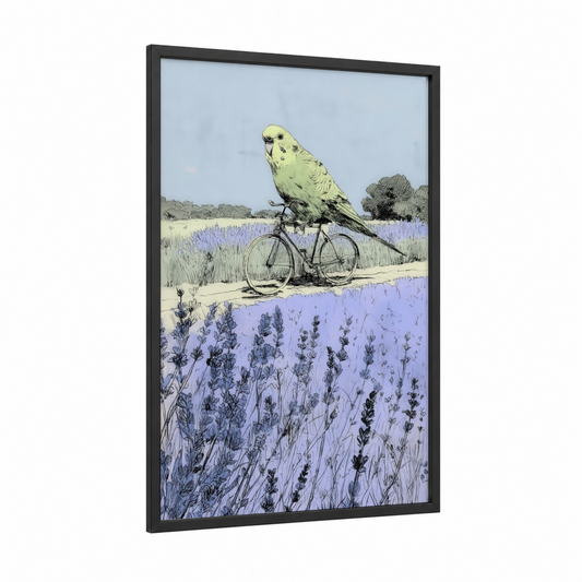 Lavender Budgerigar framed budgeridar print — black wood frame — lavender and light green palette