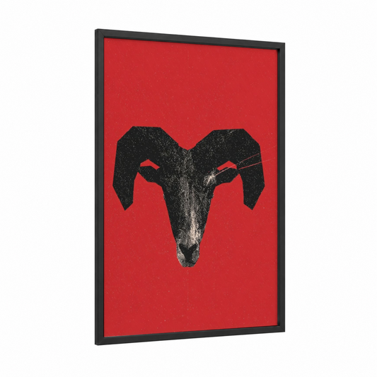 Crimson Aries framed art print — black wood frame — red and black palette