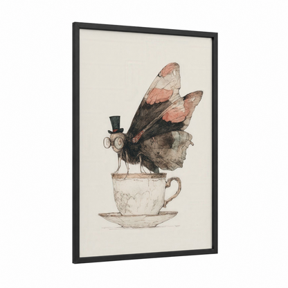 Steampunk Butterfly framed art print — black wood frame — beige and russet palette