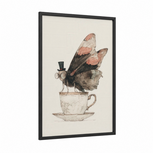 Steampunk Butterfly framed art print — black wood frame — beige and russet palette