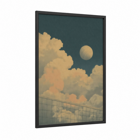 Golden Hour Volleyball framed art print — black wood frame — gold and teal palette