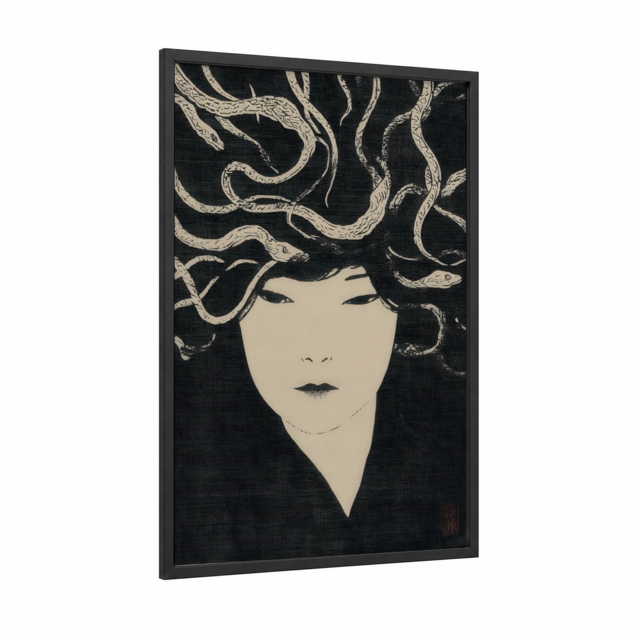Serpent Medusa framed art print — black wood frame — black and white and cream palette