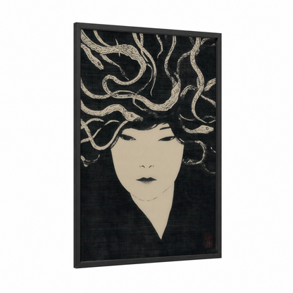 Serpent Medusa framed art print — black wood frame — black and white and cream palette