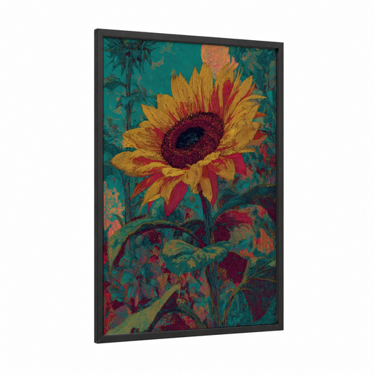 Vibrant Sunflower framed art print — black wood frame — gold and teal palette