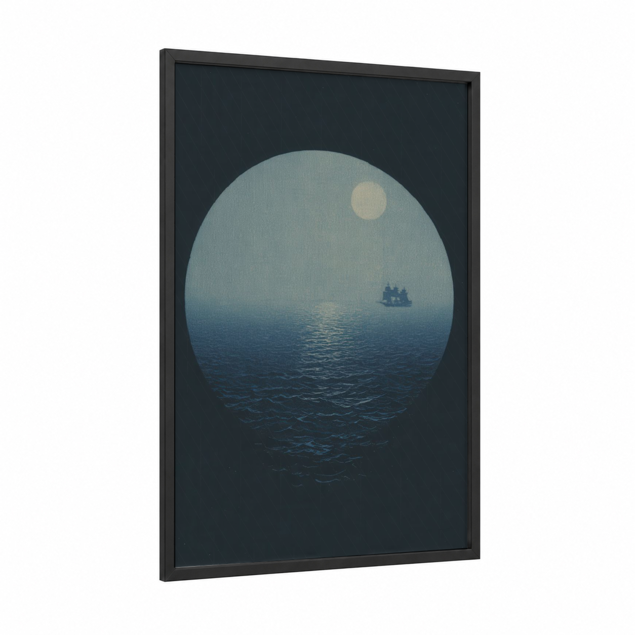 Moonlit Voyage framed spyglass print — black wood frame — blue and white and dove gray palette