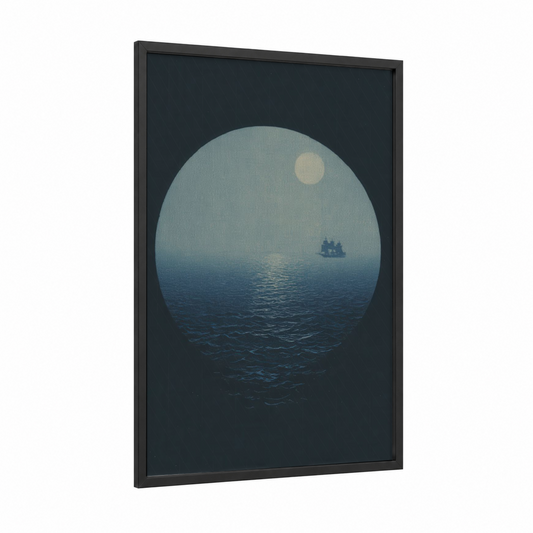Moonlit Voyage framed spyglass print — black wood frame — blue and white and dove gray palette
