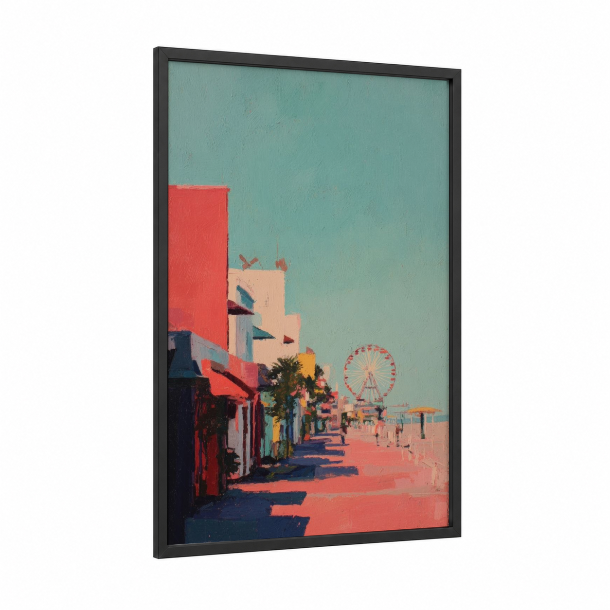 Retro Beach Town framed art print — black wood frame — salmon pink and turquoise palette