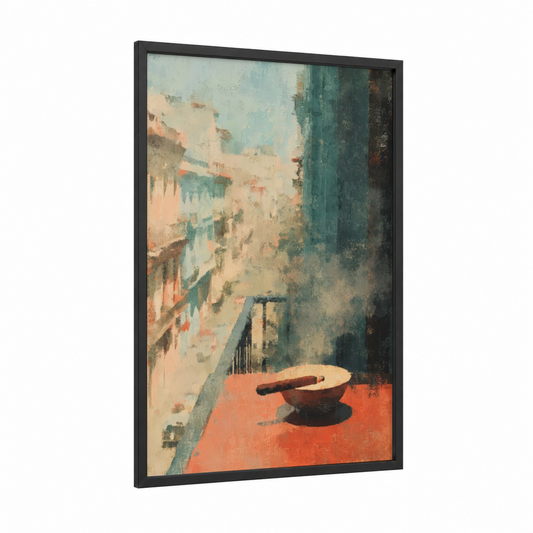Havana Balcony framed cigars print — black wood frame — peach and teal palette