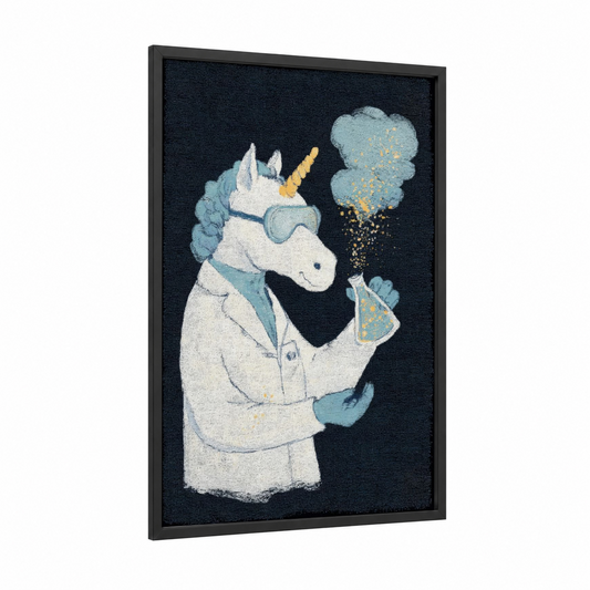 Scientist Unicorn framed unicorns print — black wood frame — white and dark blue palette
