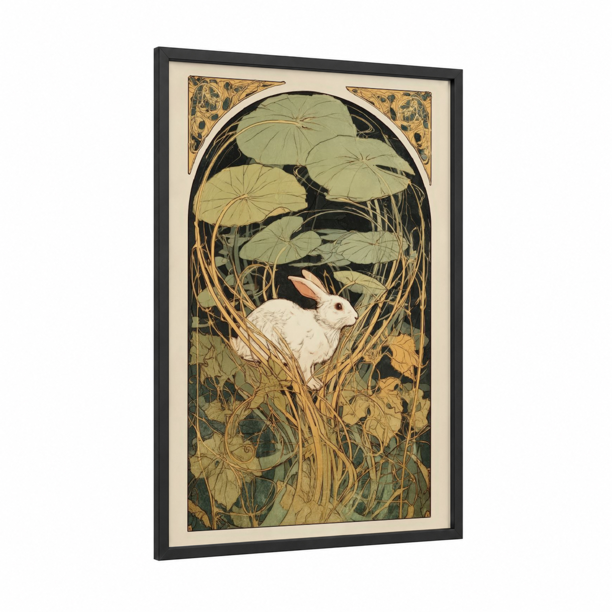 Garden Rabbit framed art print — black wood frame — light green and gold palette