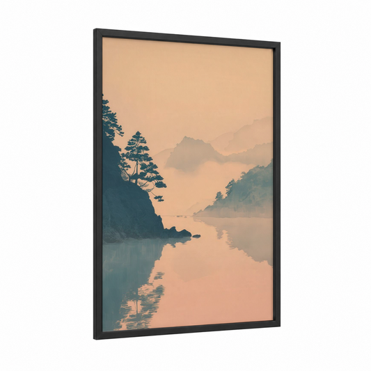 Misty Mountain Lake framed art print — black wood frame — peach and bermuda gray palette