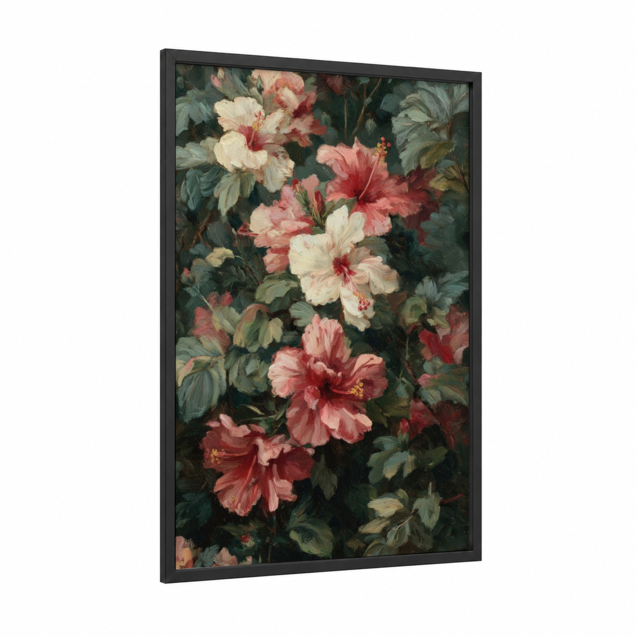 Romantic Hibiscus Garden framed art print — black wood frame — rose gold and dark green palette