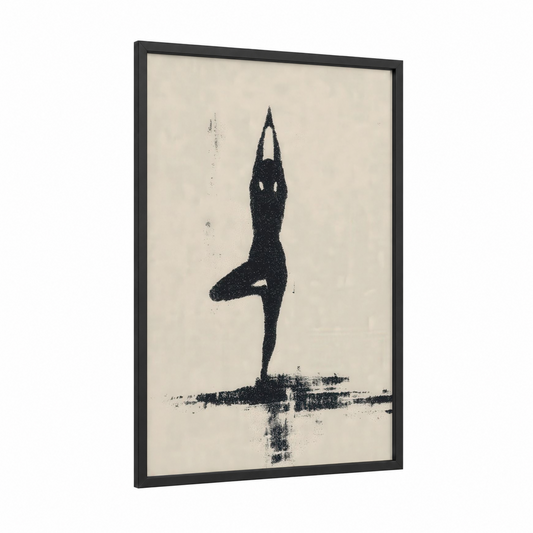 Yoga Balance Silhouette framed fitness yoga print — black wood frame — black and cream palette