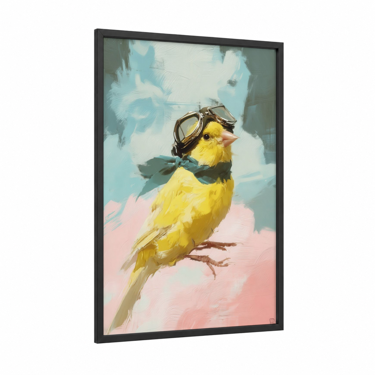 Adventurer Canary framed canaries print — black wood frame — yellow and blue and white palette