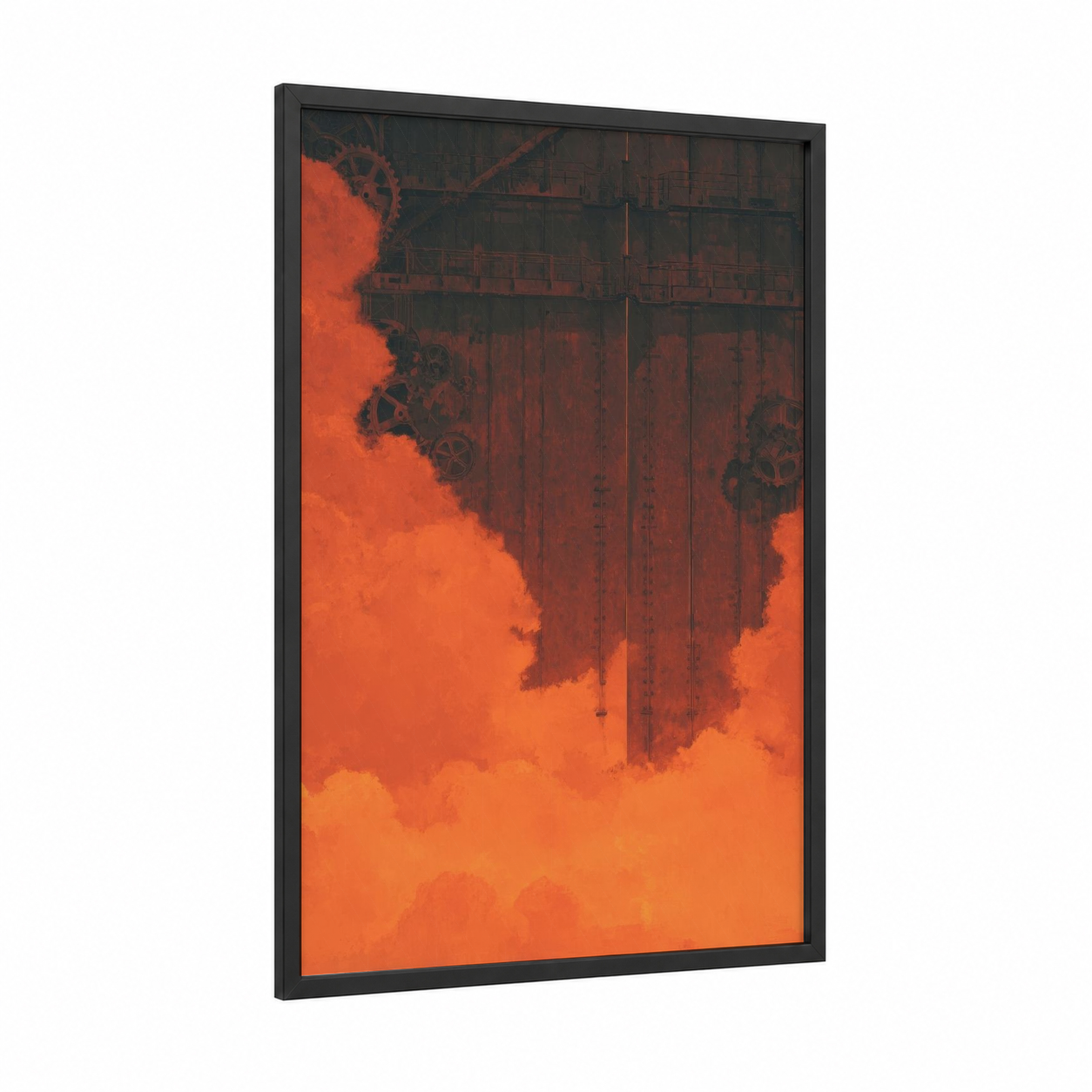 Infernal Gate framed art print — black wood frame — red and orange palette