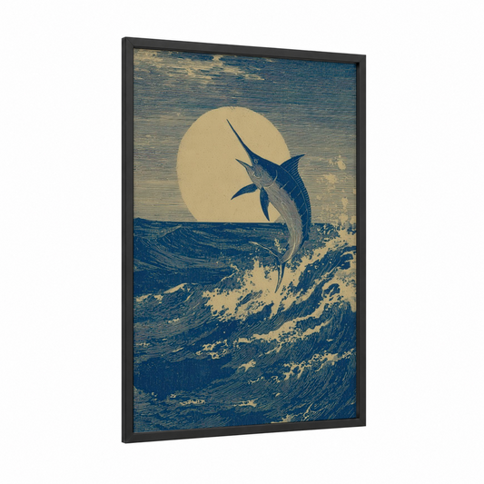 Leaping Marlin framed blue marlin print — black wood frame — blue and cream palette