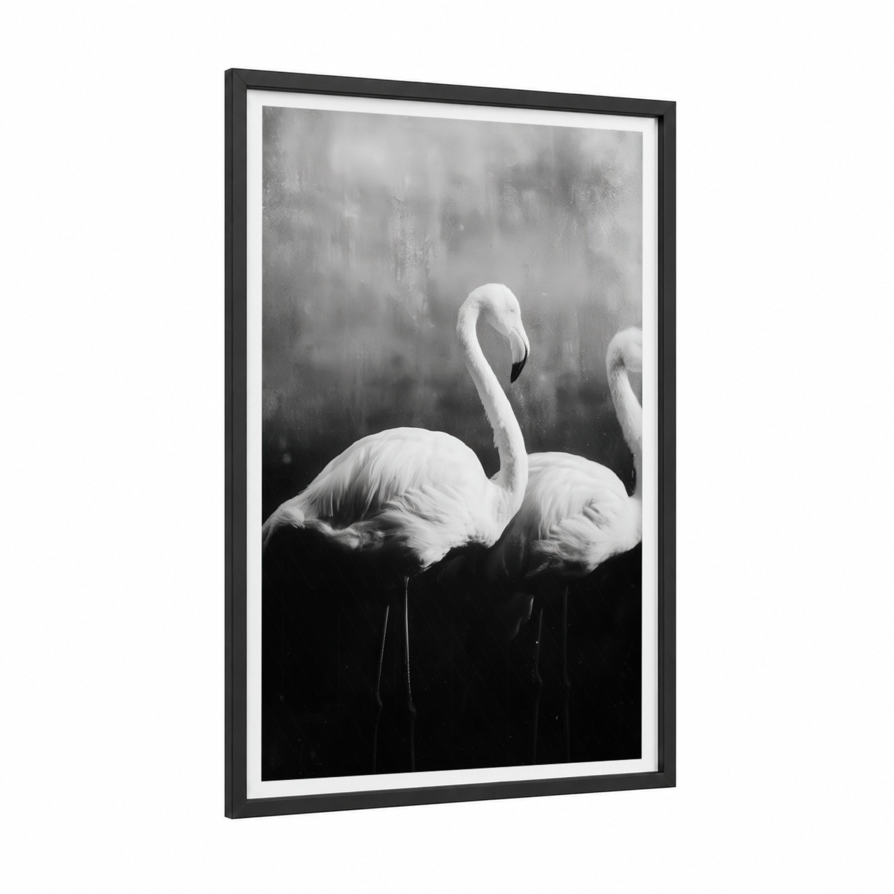 Misty Flamingo Pair framed art print — black wood frame — black and white and gray palette
