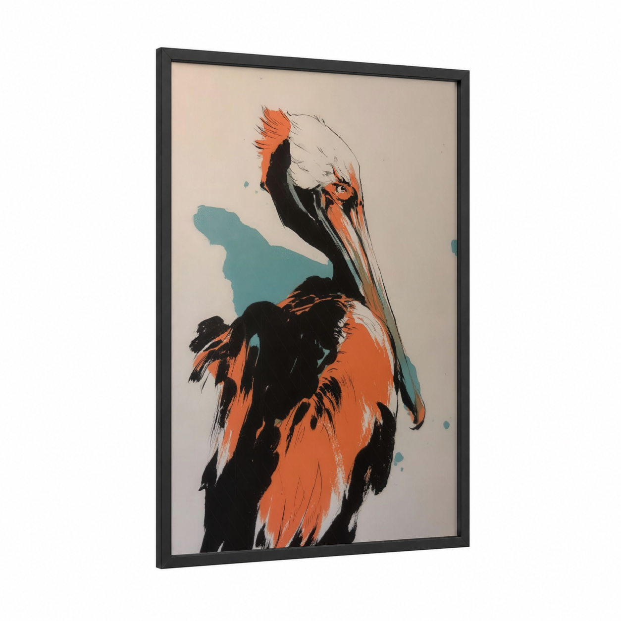 Coastal Pelican framed art print — black wood frame — orange and teal palette