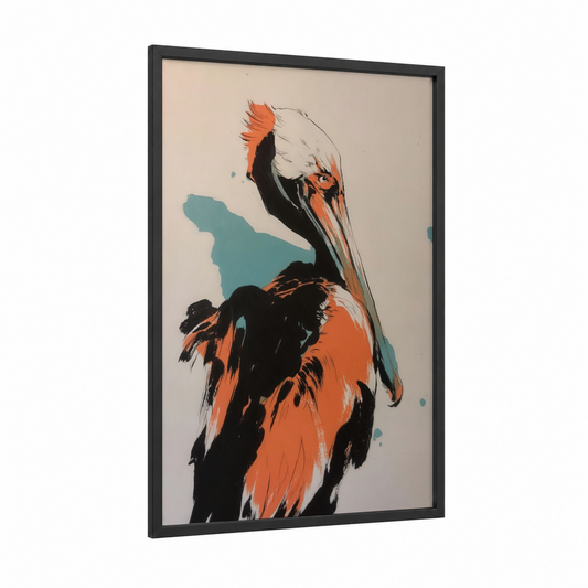 Coastal Pelican framed art print — black wood frame — orange and teal palette