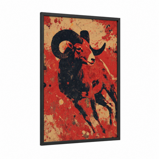 Crimson Aries framed art print — black wood frame — red and black palette