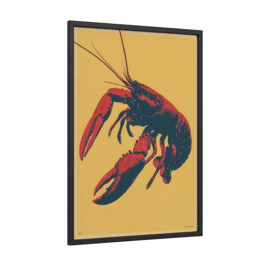 Scarlet Crayfish framed art print — black wood frame — red and yellow gold palette