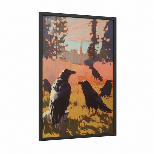 Sunset Gathering framed crows and ravens print — black wood frame — orange and gold palette