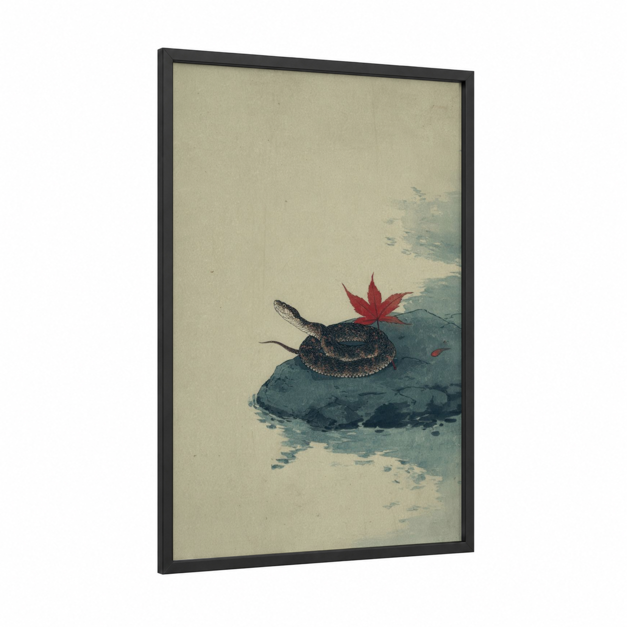 Autumn Rattlesnake framed art print — black wood frame — teal and cream palette