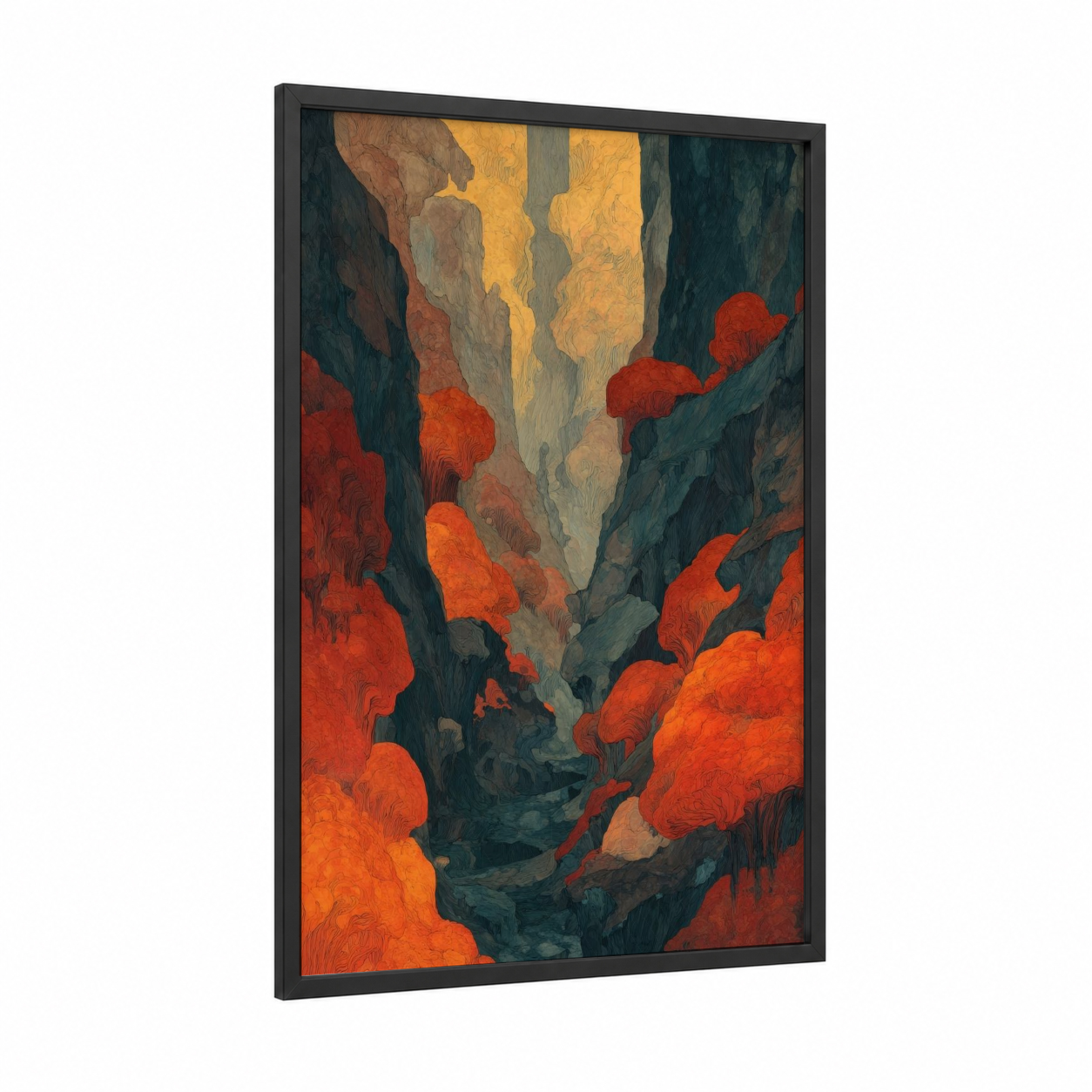 Crimson Canyon framed art print — black wood frame — gold and red palette