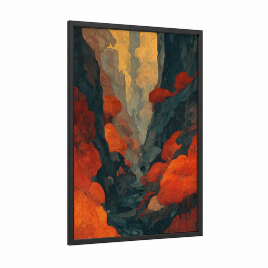 Crimson Canyon framed art print — black wood frame — gold and red palette