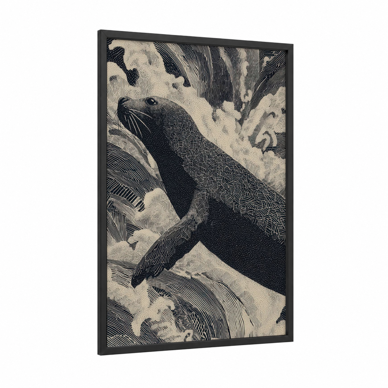 Resting Seal framed art print — black wood frame — black and white palette