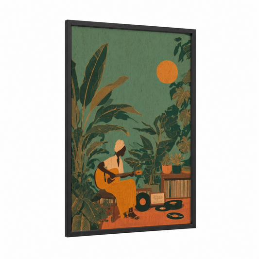 Reggae Musician framed art print — black wood frame — sage green and orange palette