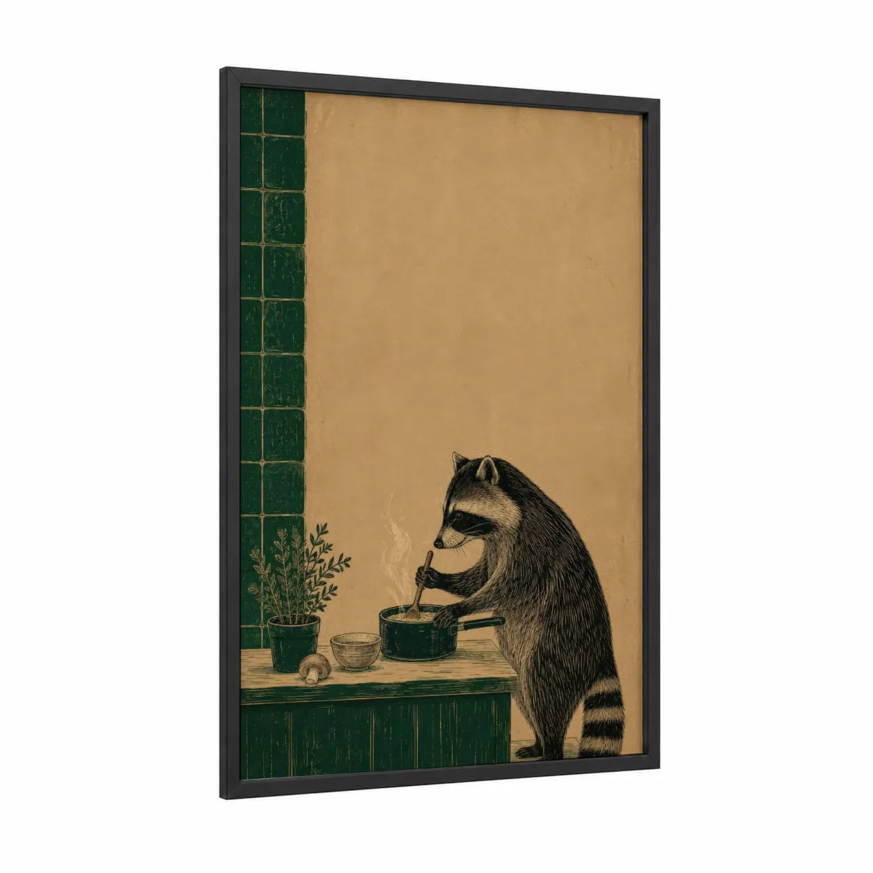 Raccoon Cooking Kitchen Wall Art framed art print — black wood frame — beige and true green palette
