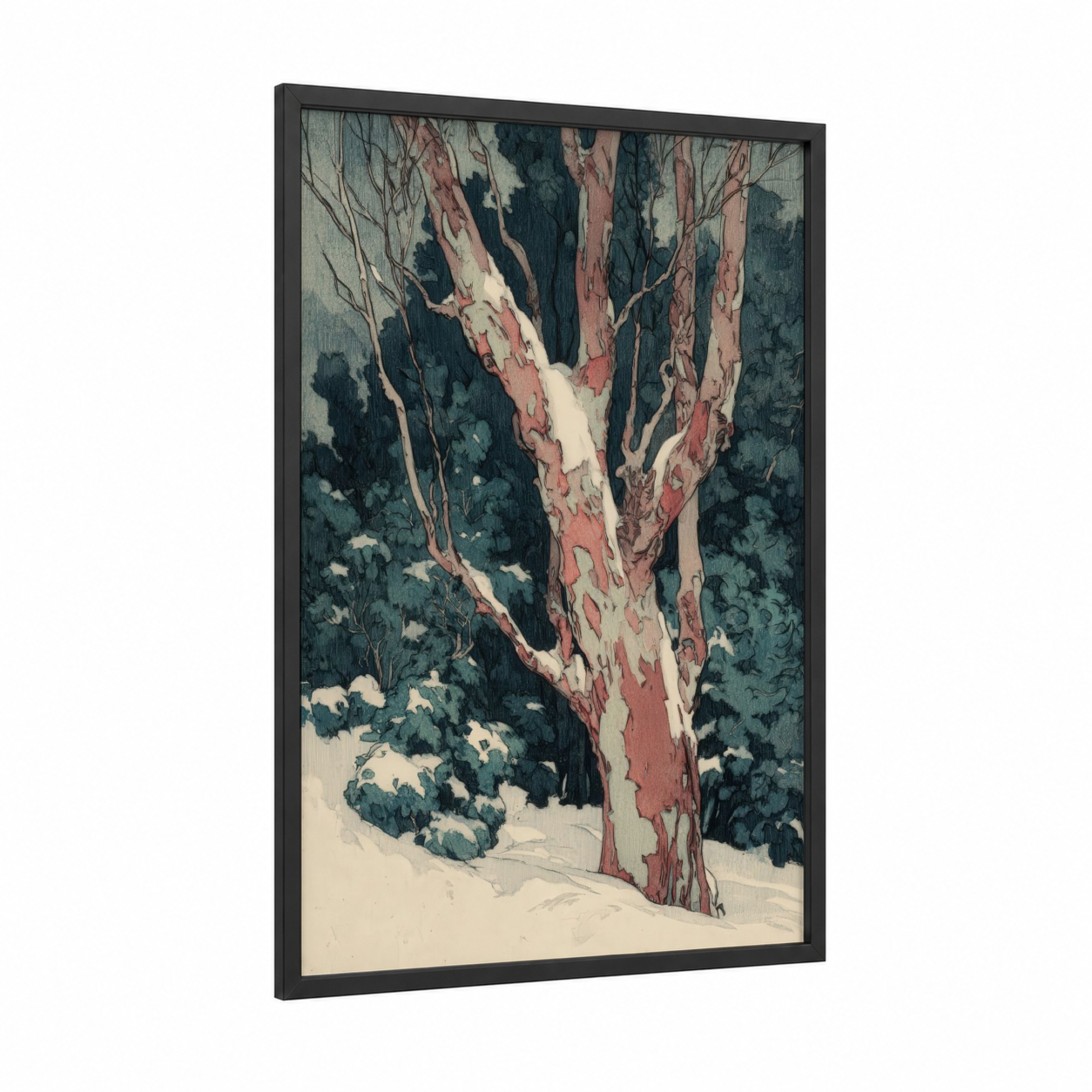 Snowy Arbutus framed arbutus tree print — black wood frame — blue and white palette