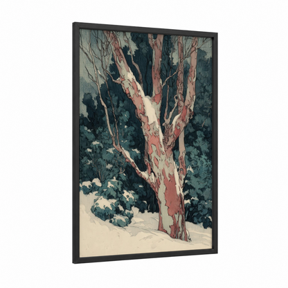 Snowy Arbutus framed arbutus tree print — black wood frame — blue and white palette