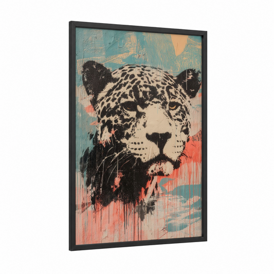 Spotted Jaguar framed art print — black wood frame — teal palette