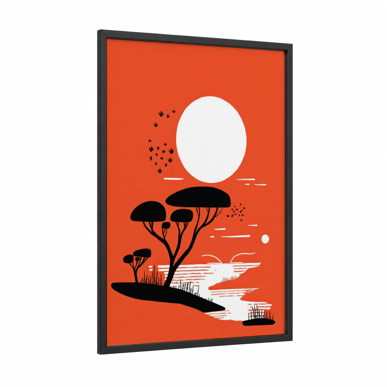 Savanna Acacia Silhouette framed savanna and desert trees print — black wood frame — orange and black and white palette