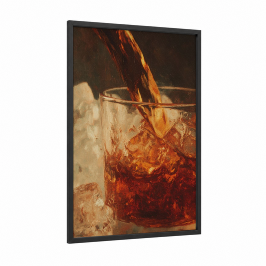 Amber Pour framed iced tea print — black wood frame — gold and brown palette