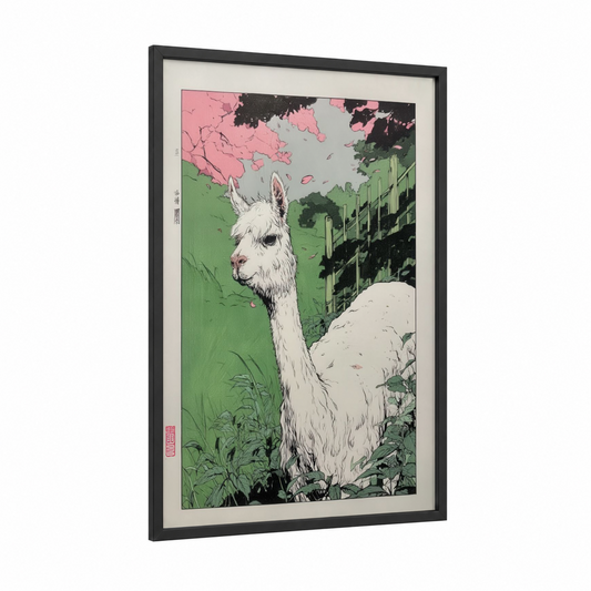 Meadow Alpaca framed art print — black wood frame — white and light green palette