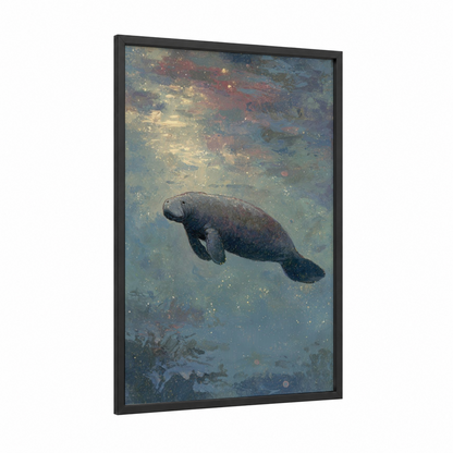 Ethereal Manatee framed manatees print — black wood frame — blue and gold and gray palette