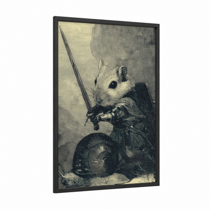 Warrior Gerbil framed art print — black wood frame — black and white palette