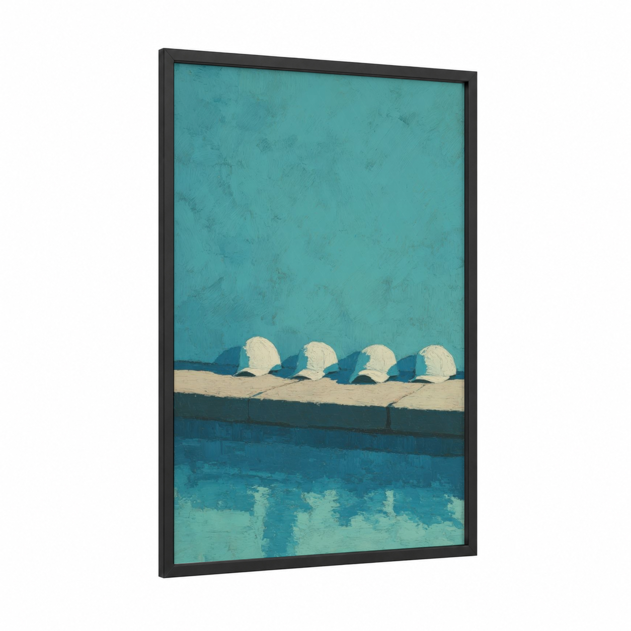 Poolside Caps framed water polo print — black wood frame — turquoise and white palette